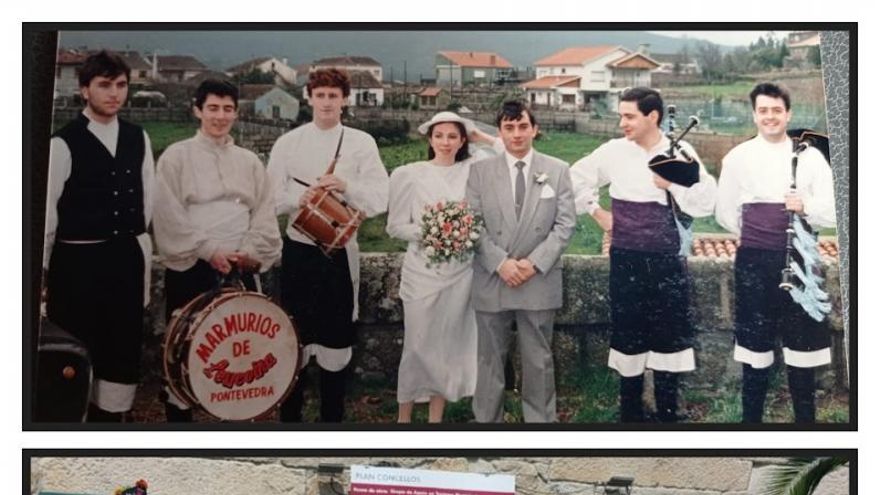 Las dos parejas de novios, con los integrantes de Marmurios de Leucoíña.   | // FDV
