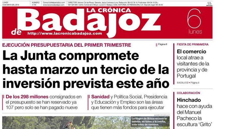 Esta es la portada de LA CRÓNICA DE BADAJOZ correspondiente al día 6 de mayo del 2019