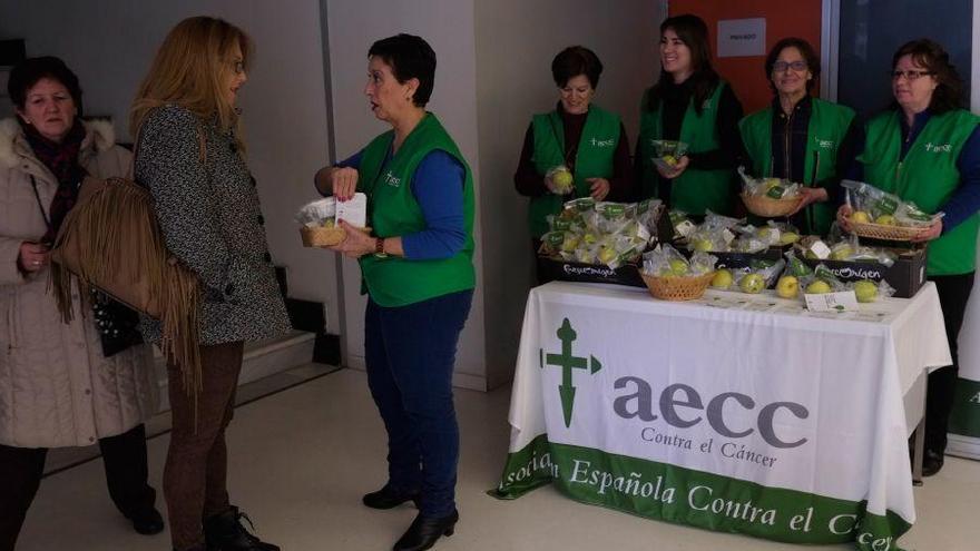 Voluntarios de la Asociación contra el Cáncer reparten manzanas en el Hospital Provincial