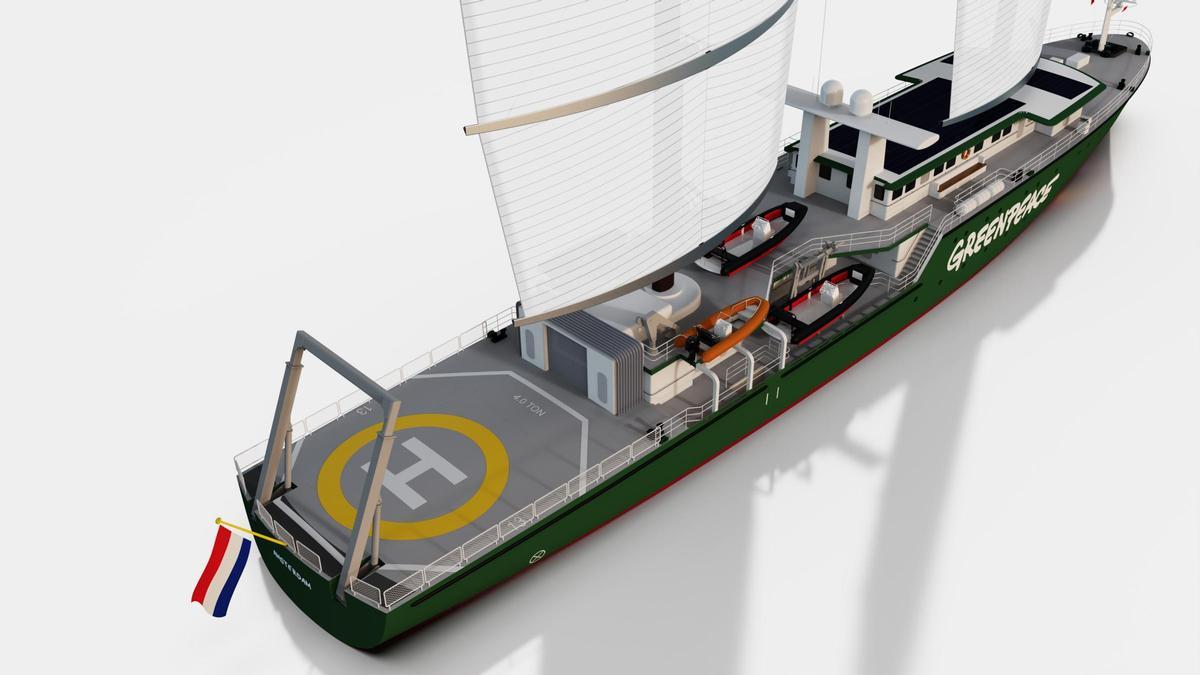 Vista aéra del futuro velero de Greenpeace que fabrica Freire en Vigo