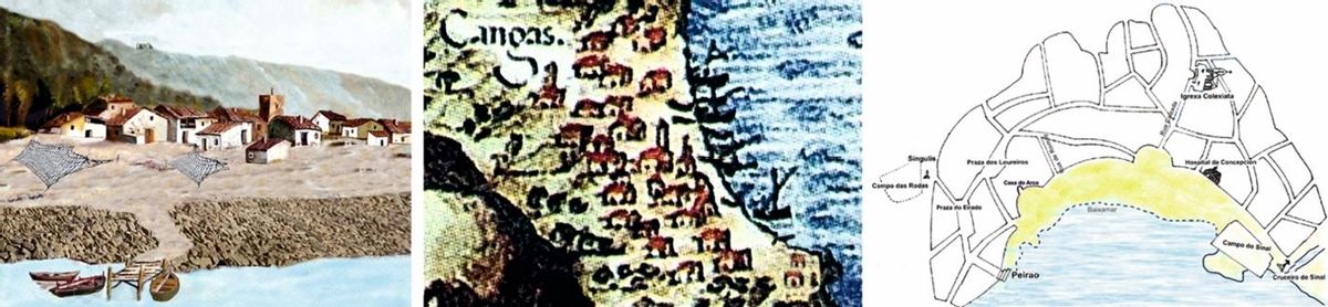 Porto medieval (virtual), debuxo de Teixeira (1634) e plano de 1750.