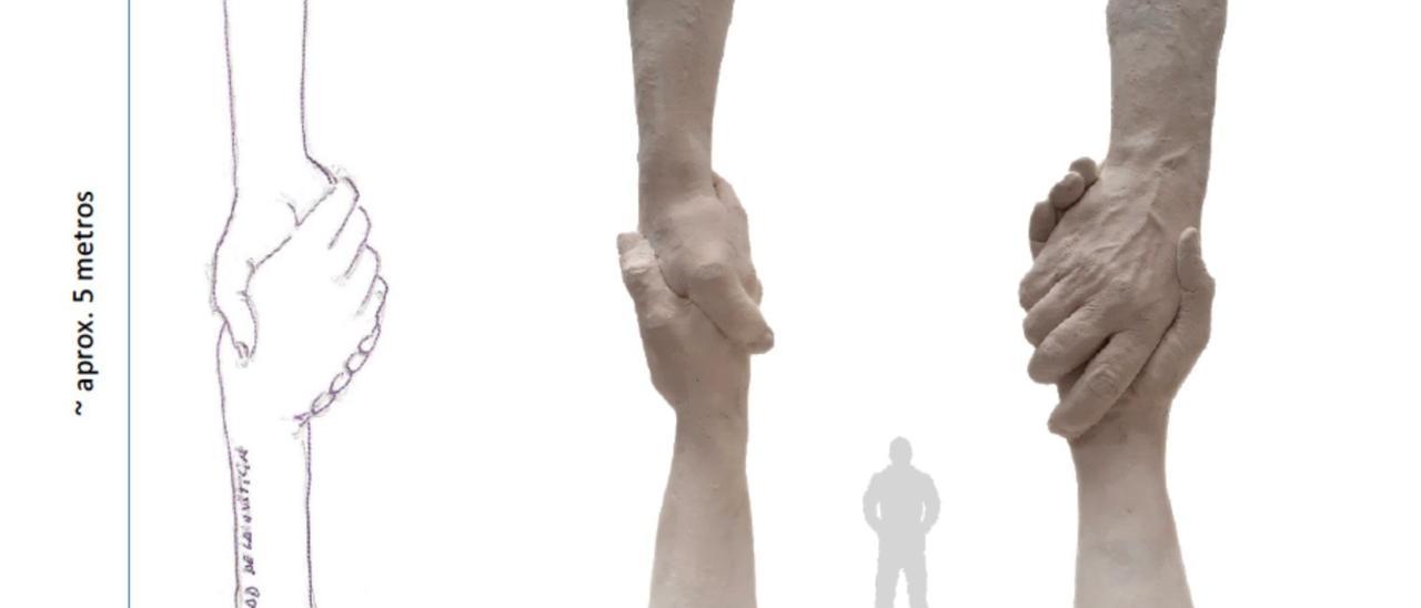 Infografía que muestra  la  vista lateral  y frontal de “Acuerdo justo”, la  escultura de Ramón Conde que representa dos manos estrechadas y que se situará en la plaza  del nuevo edificio judicial de Vigo.
