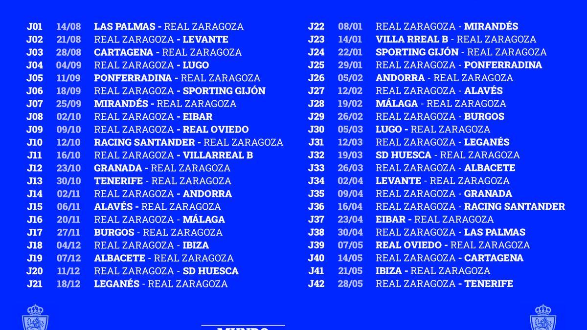 Calendario del Real Zaragoza en Segunda en la temporada 22-23.