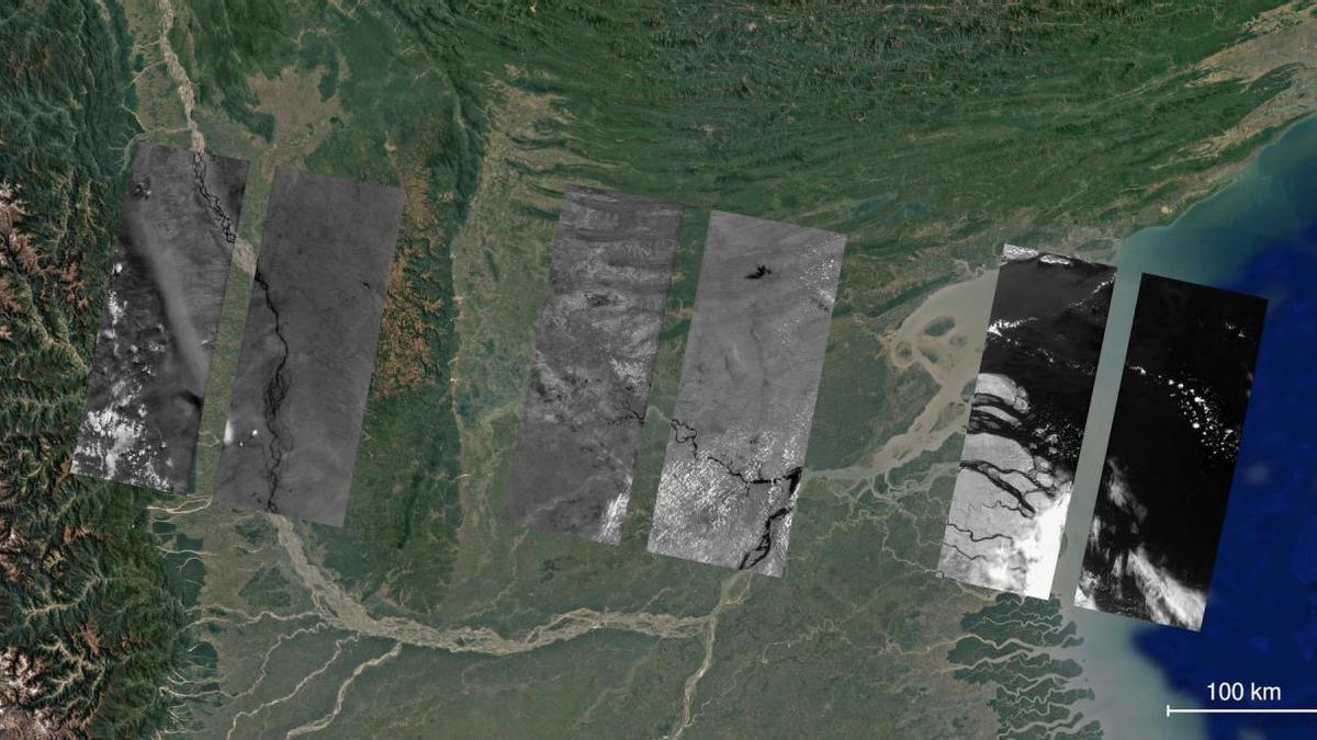 Imágenes obtenidas por la cámara infrarroja DRAGO (en escala de grises) sobre una imagen en color de Google Earth de la región del delta del Ganges.