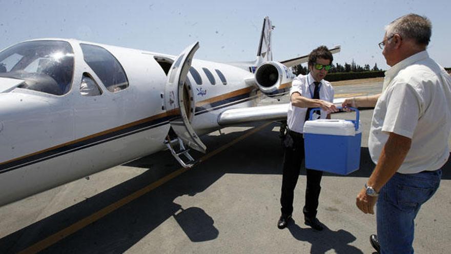 El transportista Antonio de los Ríos entrega la nevera con el órgano donado al piloto de la compañía aérea Anwa en el aeropuerto de Málaga el miércoles pasado.