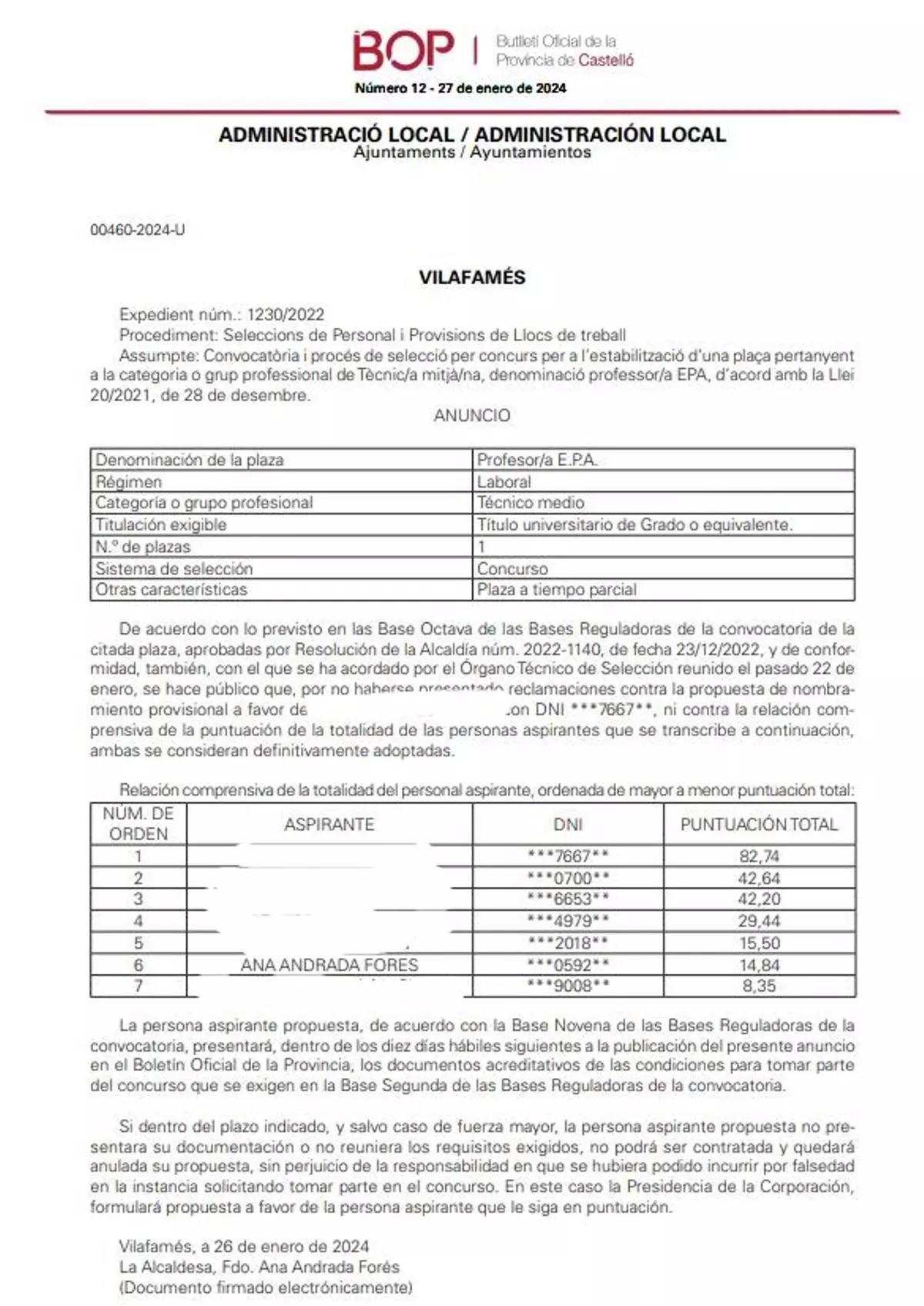 Imagen del BOP de uno de los procesos en los que participa la alcaldesa y firma ella misma.