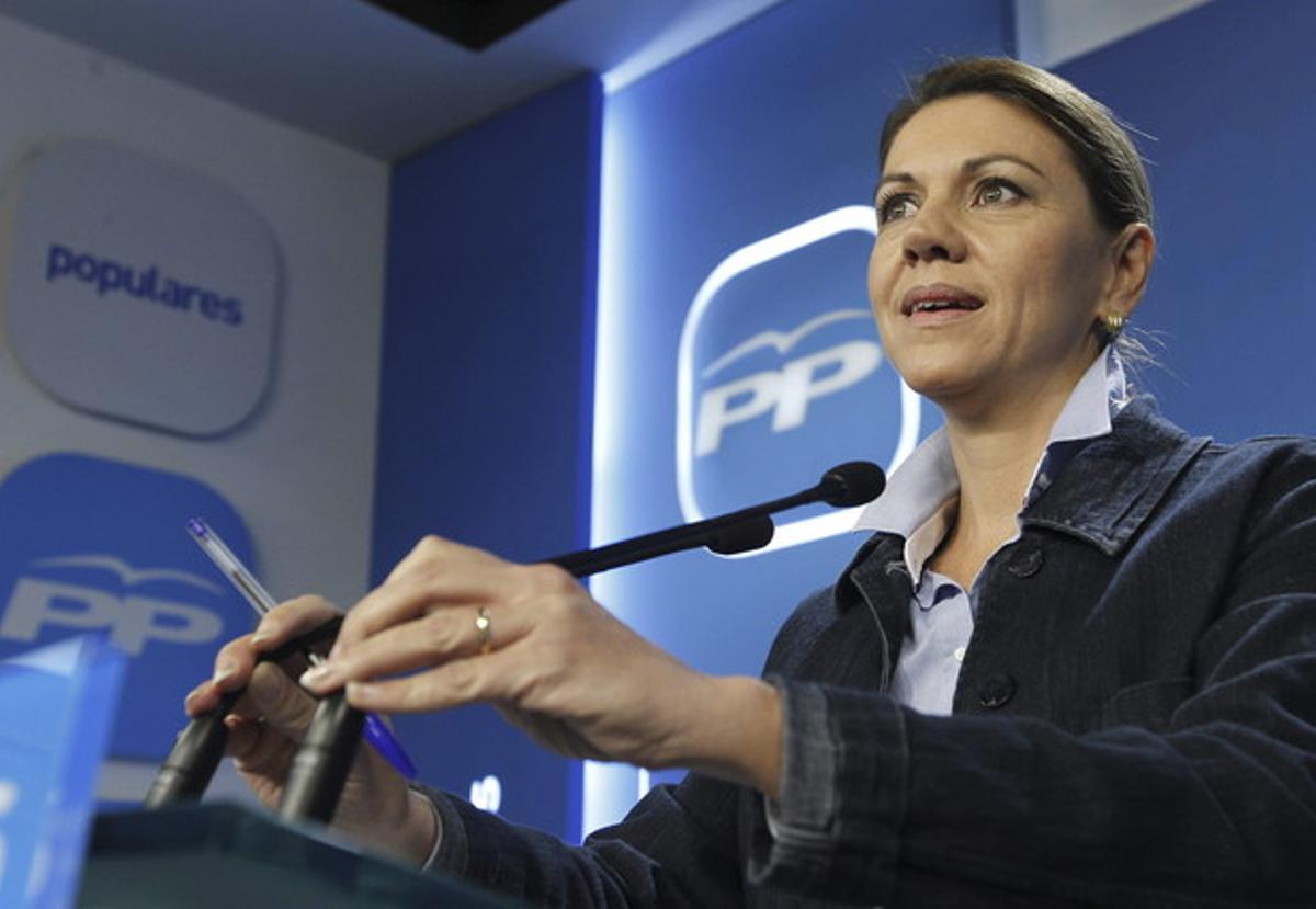 La secretària general del Partit Popular, María Dolores de Cospedal, durant la seva compareixença per valorar el resultat de les eleccions catalanes.