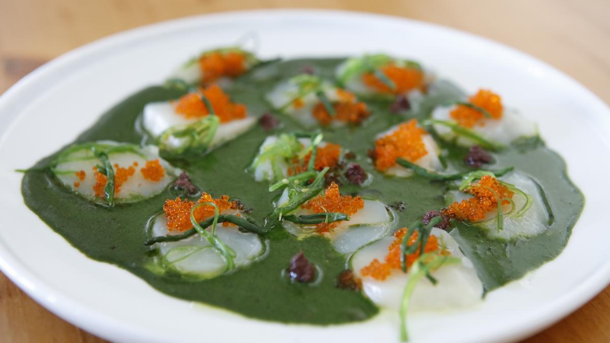 Jakobsmuscheln, die auf einer Sauce aus Salicornia und Chimichurri gebettet sind (Testportion).