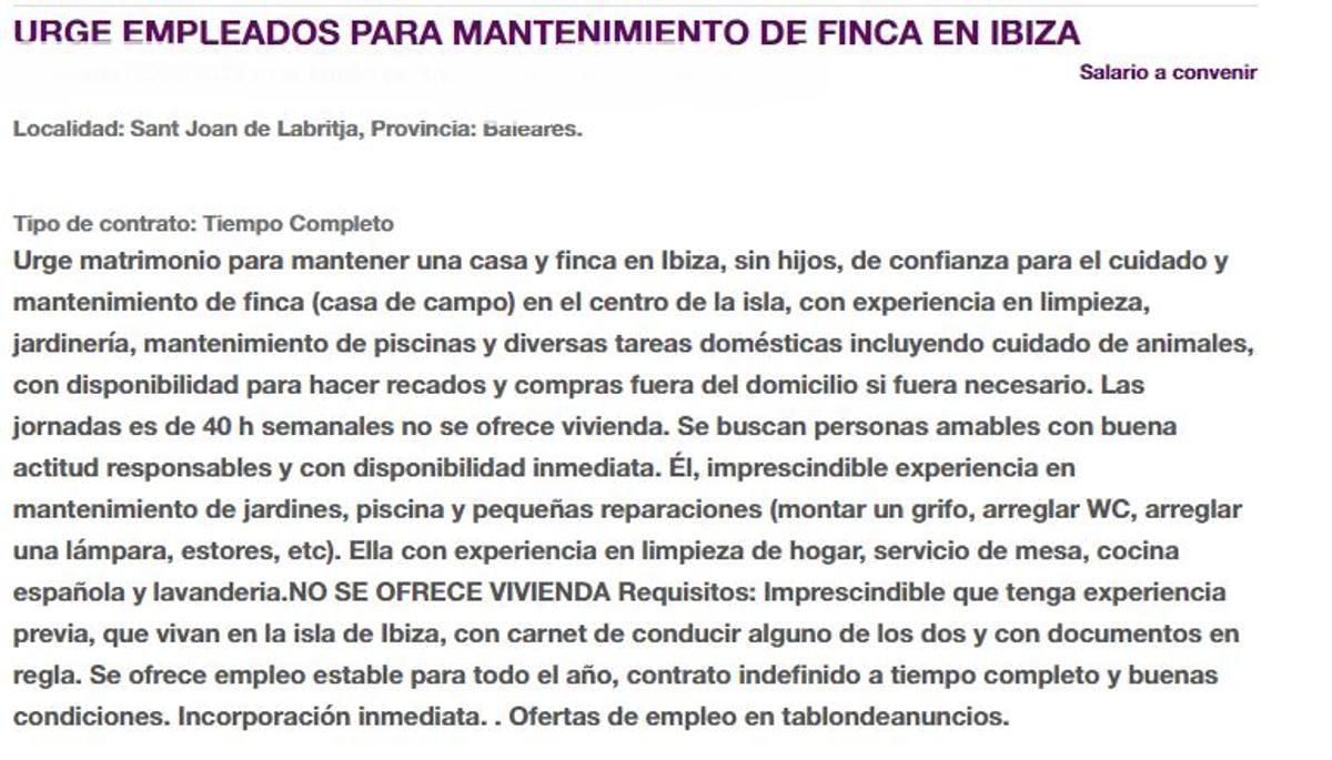 Oferta que busca matrimonio para el mantenimiento de una finca en Ibiza