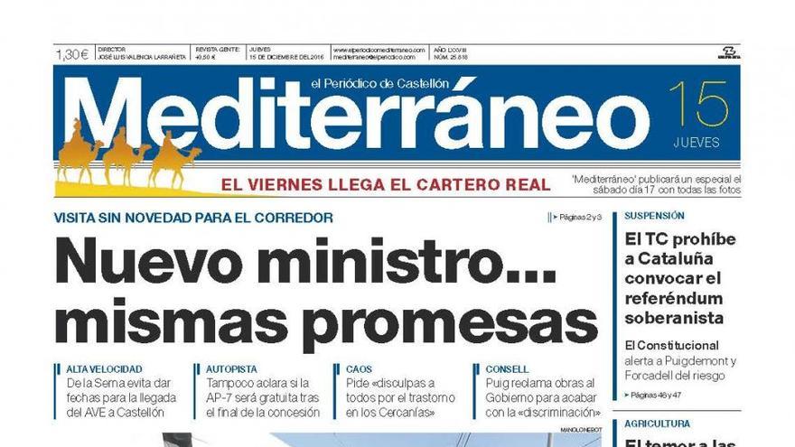 Nuevo ministro... mismas promesas, hoy en la portada de El Periódico Mediterráneo