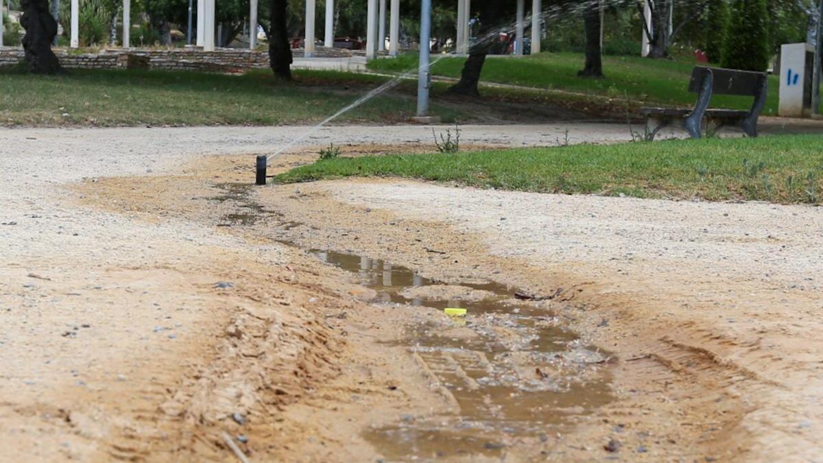 El sistema de riego no funciona en algunas zonas y en otras encharca el parque / Manuel R. Sala