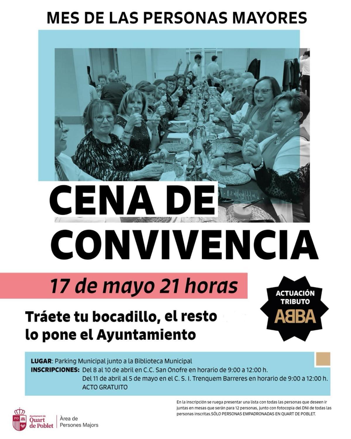 Cartel de la cena de convivencia de mayores en Quart de Poblet.