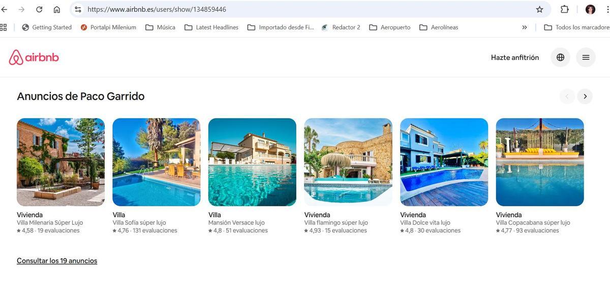 En la imagen villas anunciadas en Airbnb con el perfil de Paco Garrido.