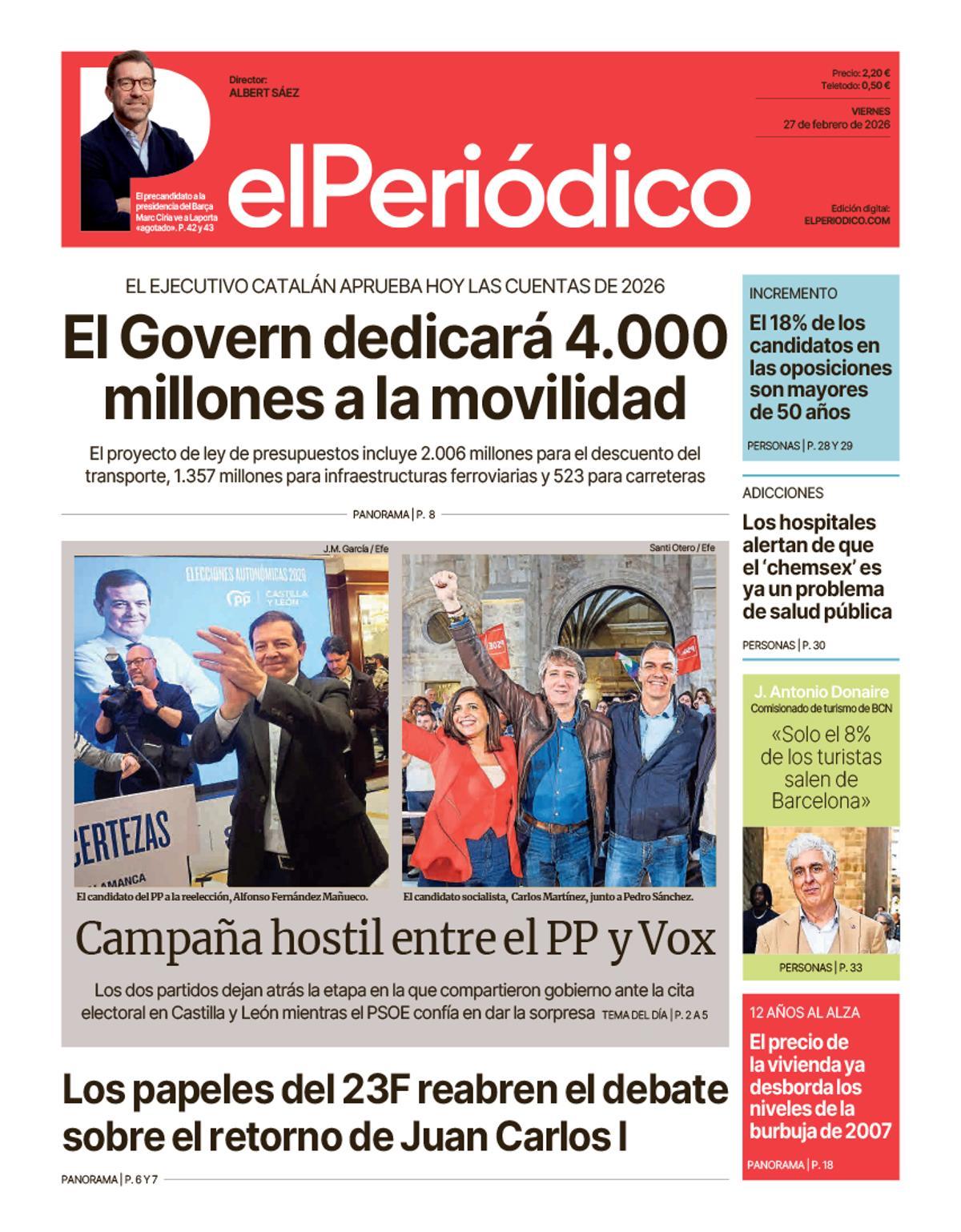 La portada de EL PERIÓDICO del 27 de febrero de 2026