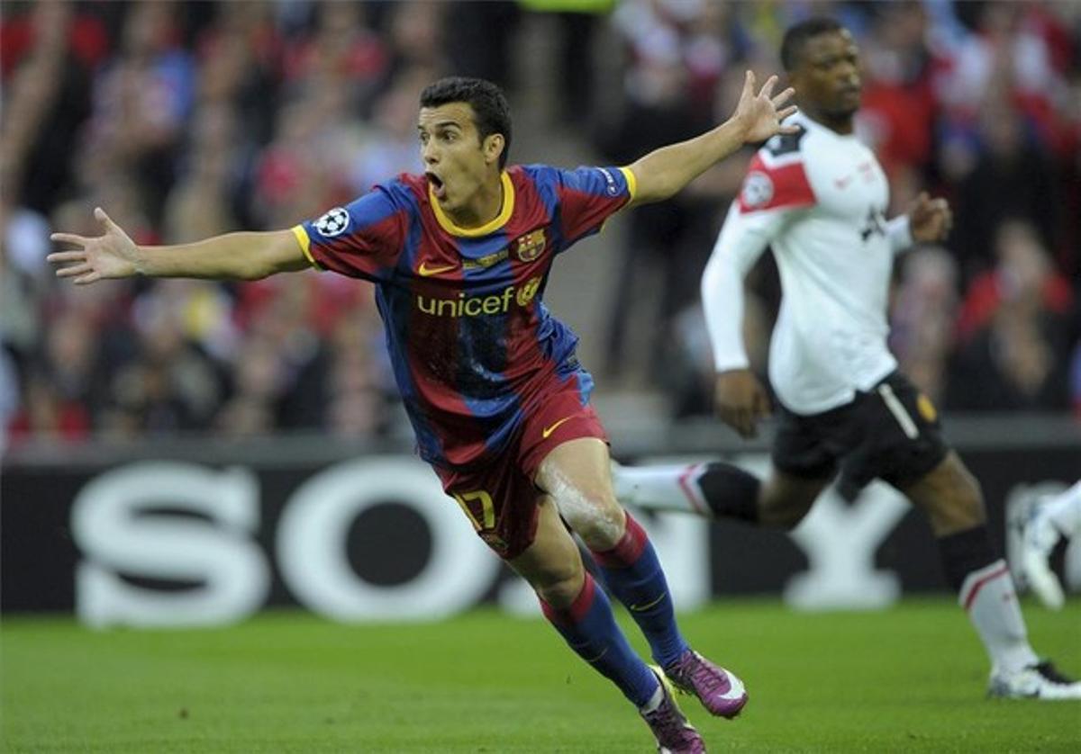 El davanter canari celebra el seu gol a la final de Wembley contra el Manchester United.