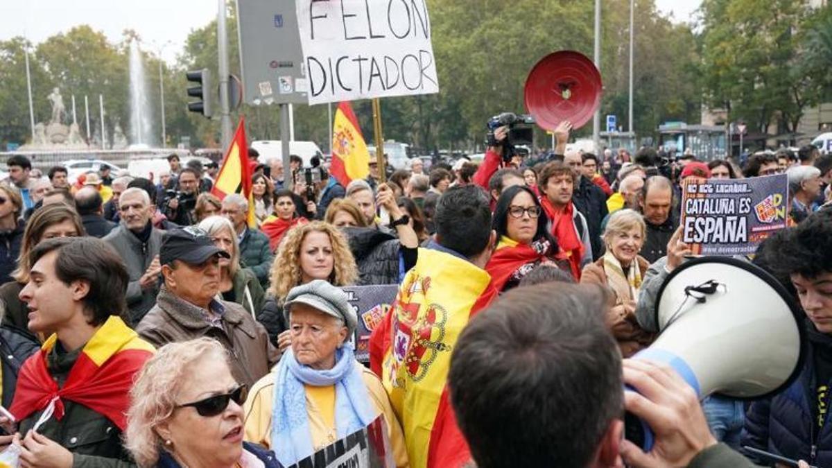 Manifestantes convocados por la rama juvenil de Vox, en la Plaza de Neptuno de Madrid este jueves.