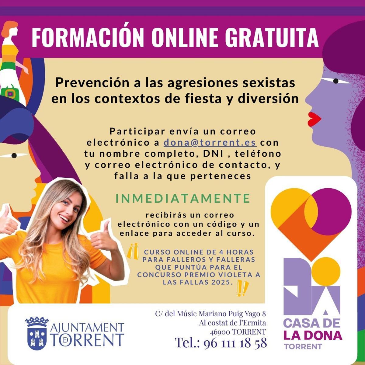 Cartel de la formación online para la prevención a las agresiones sexistas en los contextos de fiestas de Torrent.