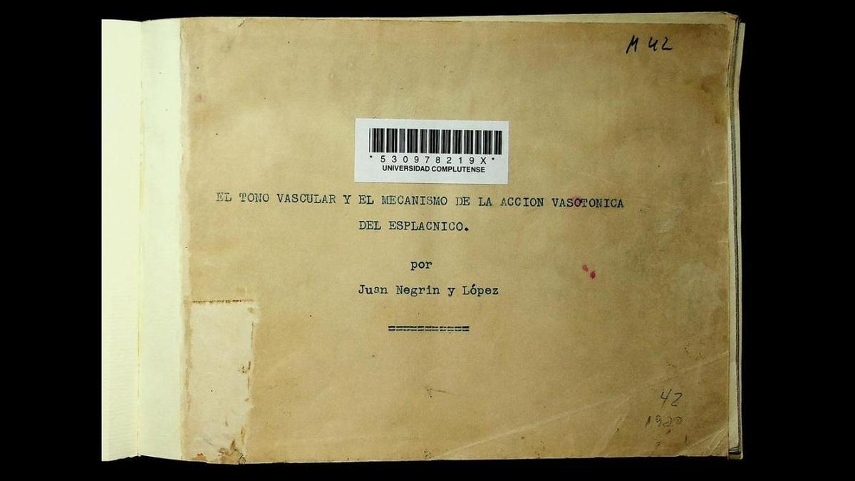 Portada de la obra científica original que el científico canario Juan Negrín, presentó a la Universidad Central deMadrid en 1920.