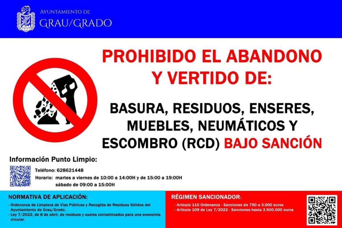 Cartel que advierte de sanciones por no depositar correctamente la basura.