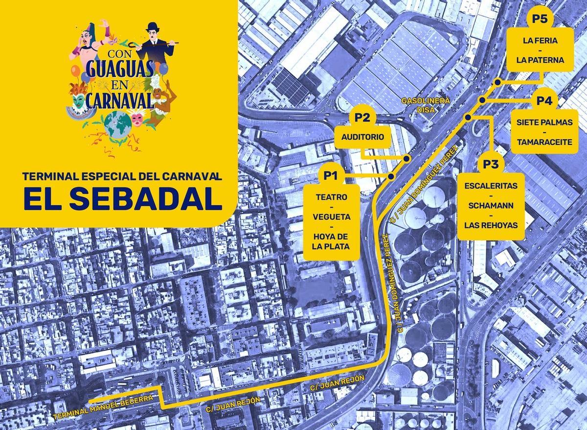 Mapa de paradas de Guaguas de la terminal especial del Carnaval en El Sebadal.