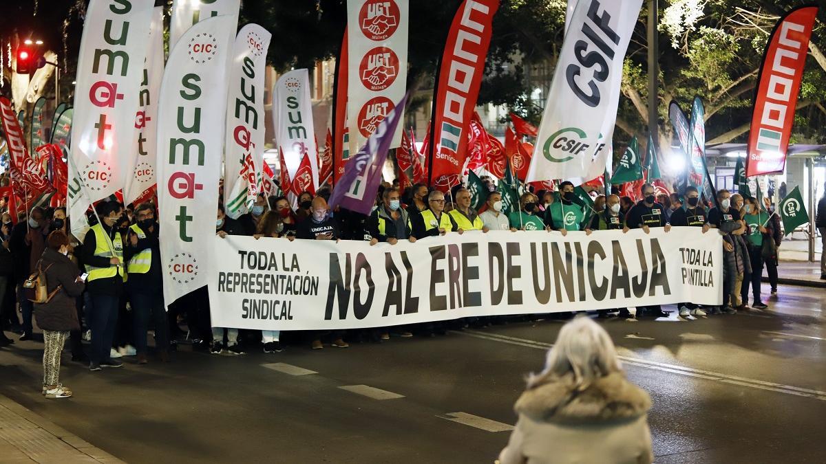 La manifestación del pasado martes de los trabajadores de Unicaja Banco en Málaga.