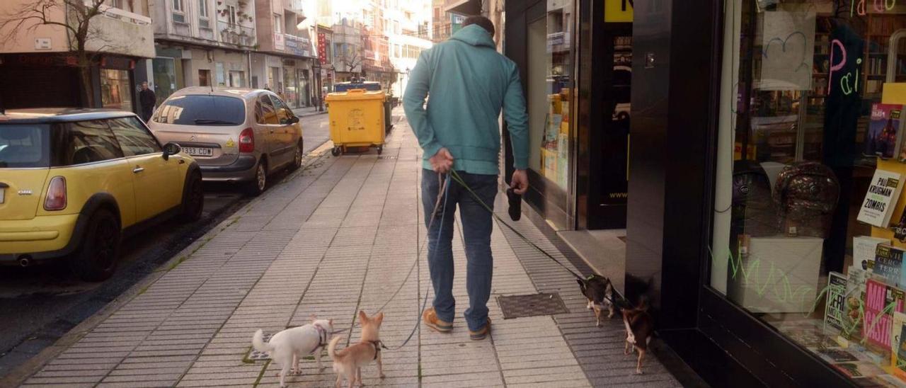 Un ciudadano, paseando a sus perros por Vilagarcía los primeros días de confinamiento.