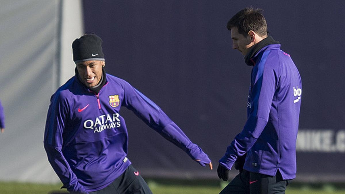 Neymar y Messi, en un entrenamiento del Barça.