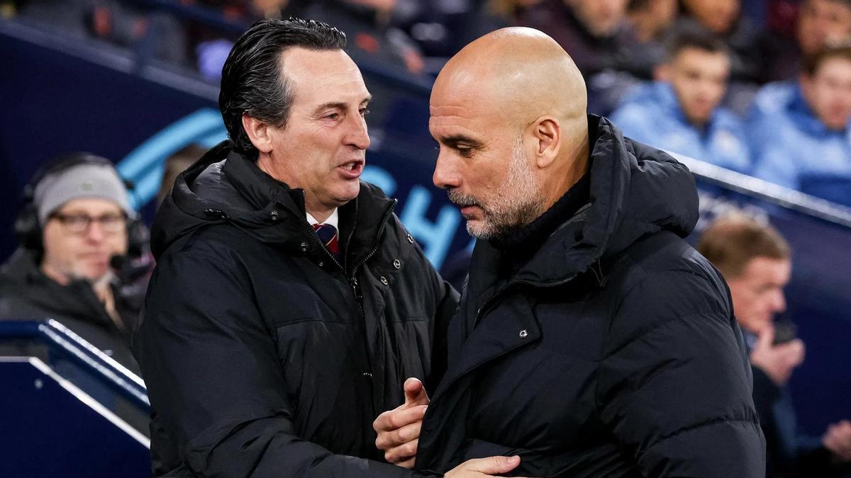 Guardiola y Unai Emery en la previa de un duelo entre Manchester City y Aston Villa