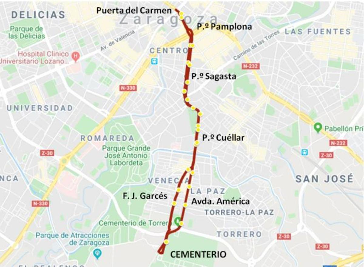 Mapa de la línea CEM del bus urbano de Zaragoza