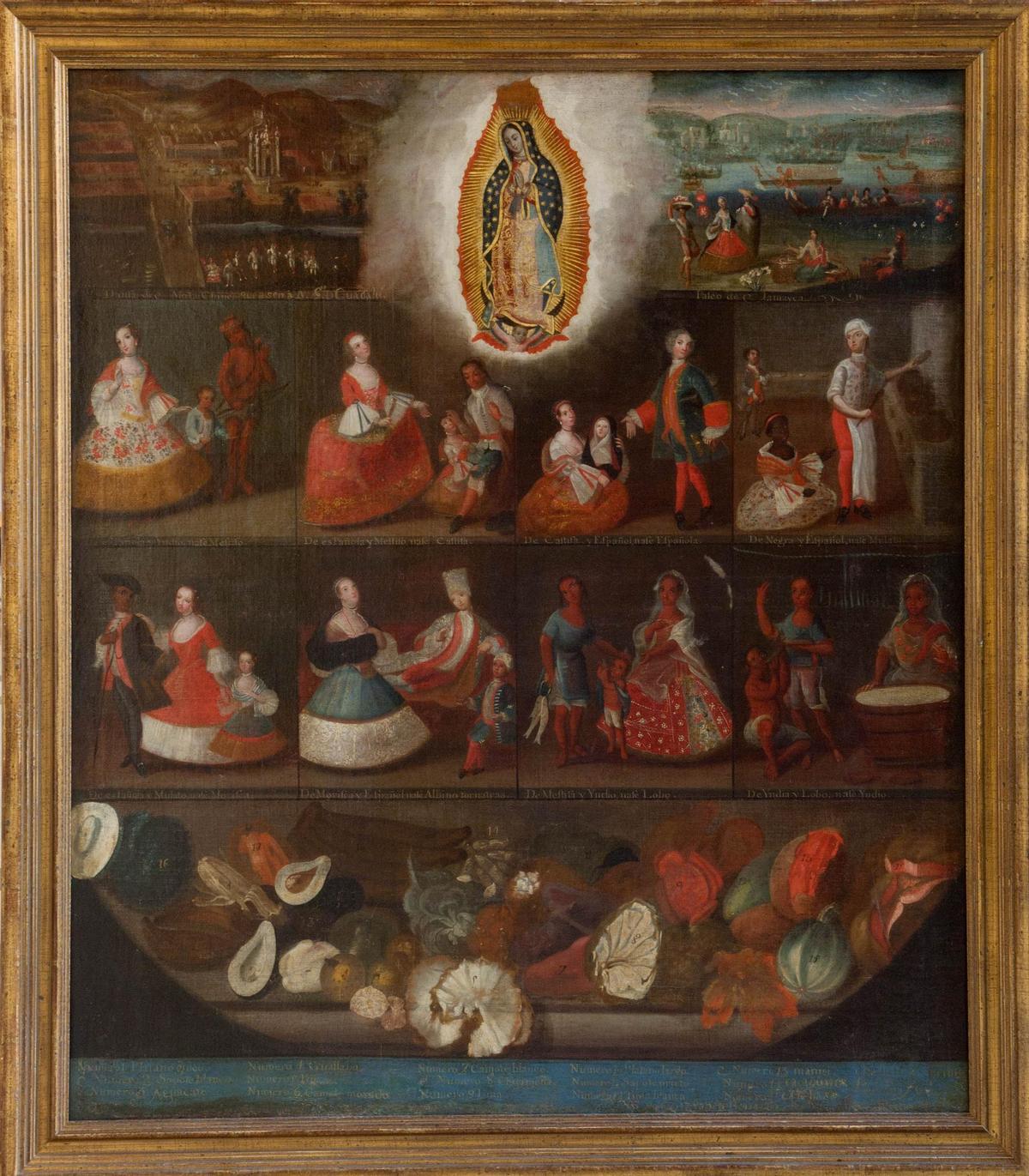 'Cuadro de castas, vista de la colegiata de Guadalupe y vista del paseo de la Viga', de Luis de Mena (h. 1750). Madrid, Museo de América