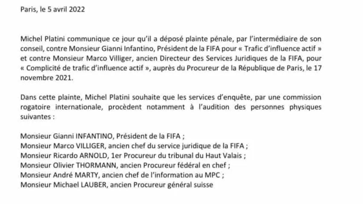 Michele Platini ha emitido un comunicado de prensa denunciando a Gianni Infantino