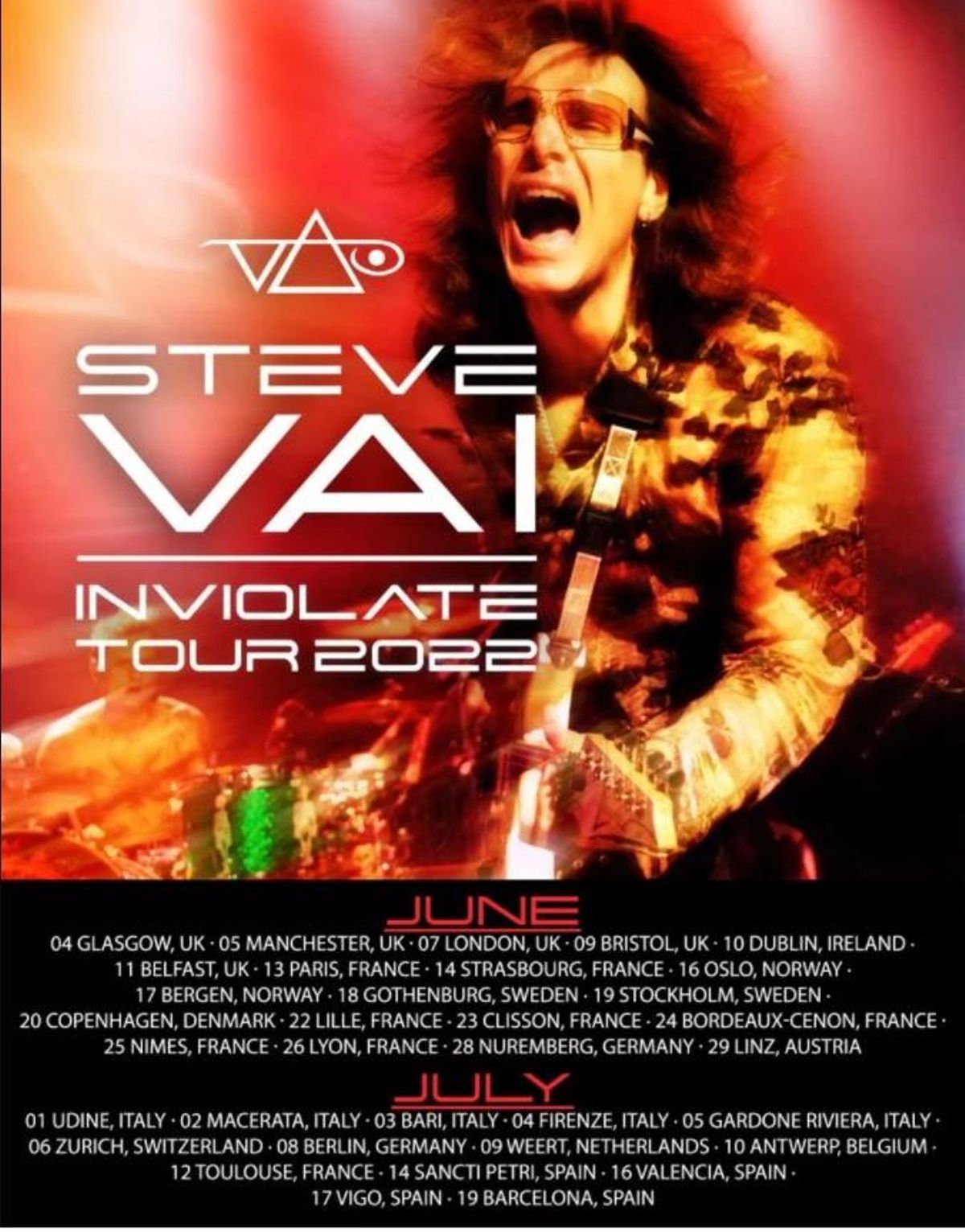 Cartel de la gira de Steve Vai en la que incluye el concierto de Vigo el 17 de julio de 2022.
