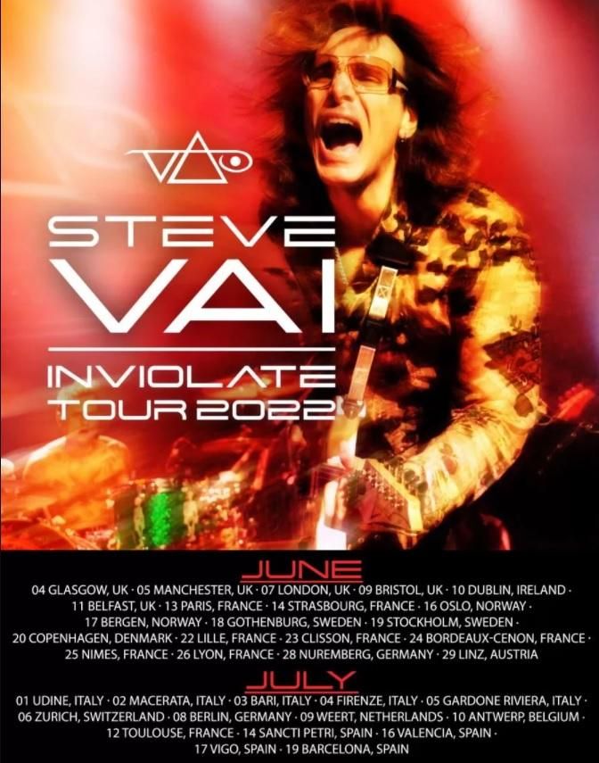 Cartel de la gira de Steve Vai en la que incluye el concierto de Vigo el 17 de julio de 2022.