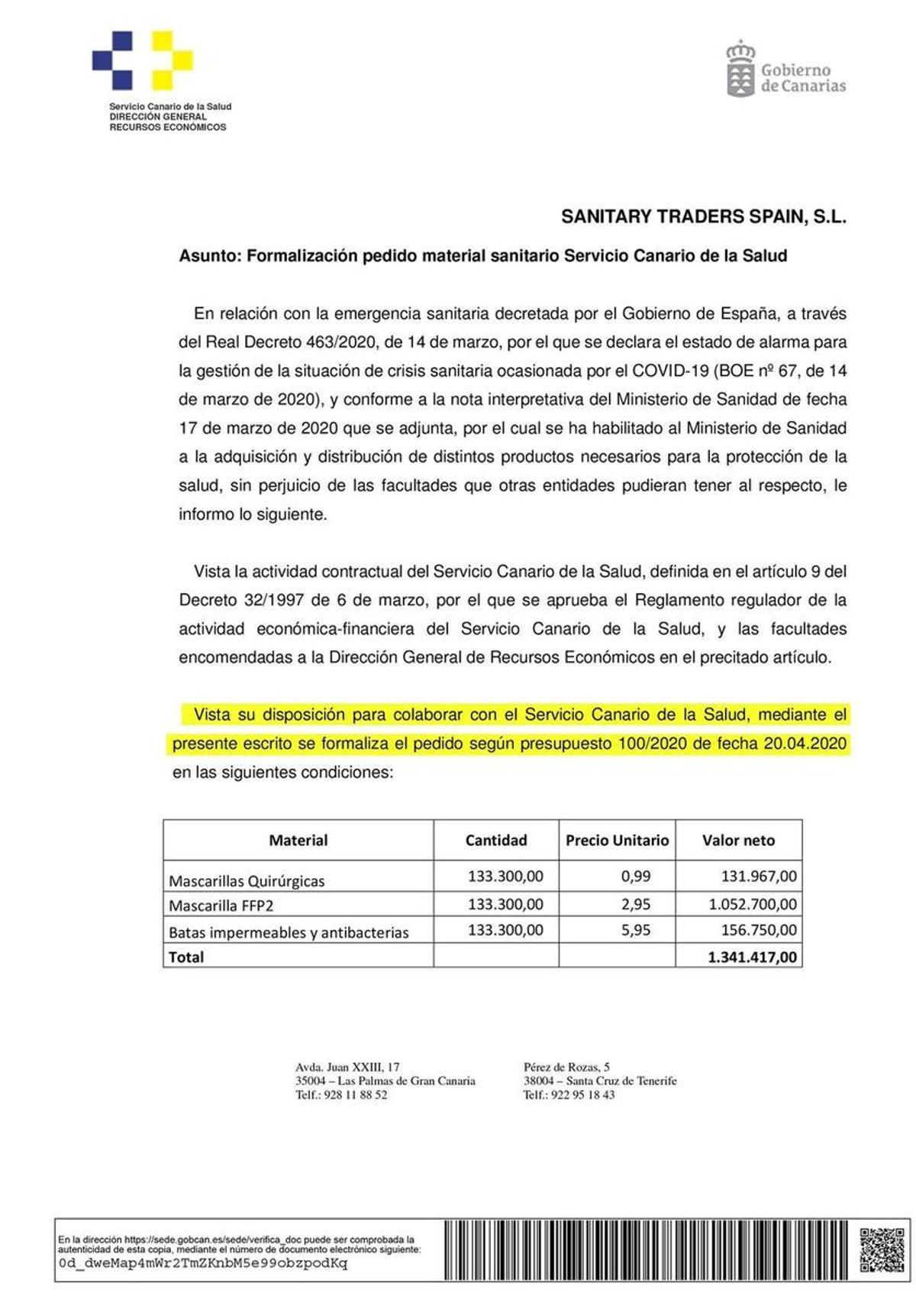 Pedido del Servicio Canario de Salud del 20 de abril de 2020.