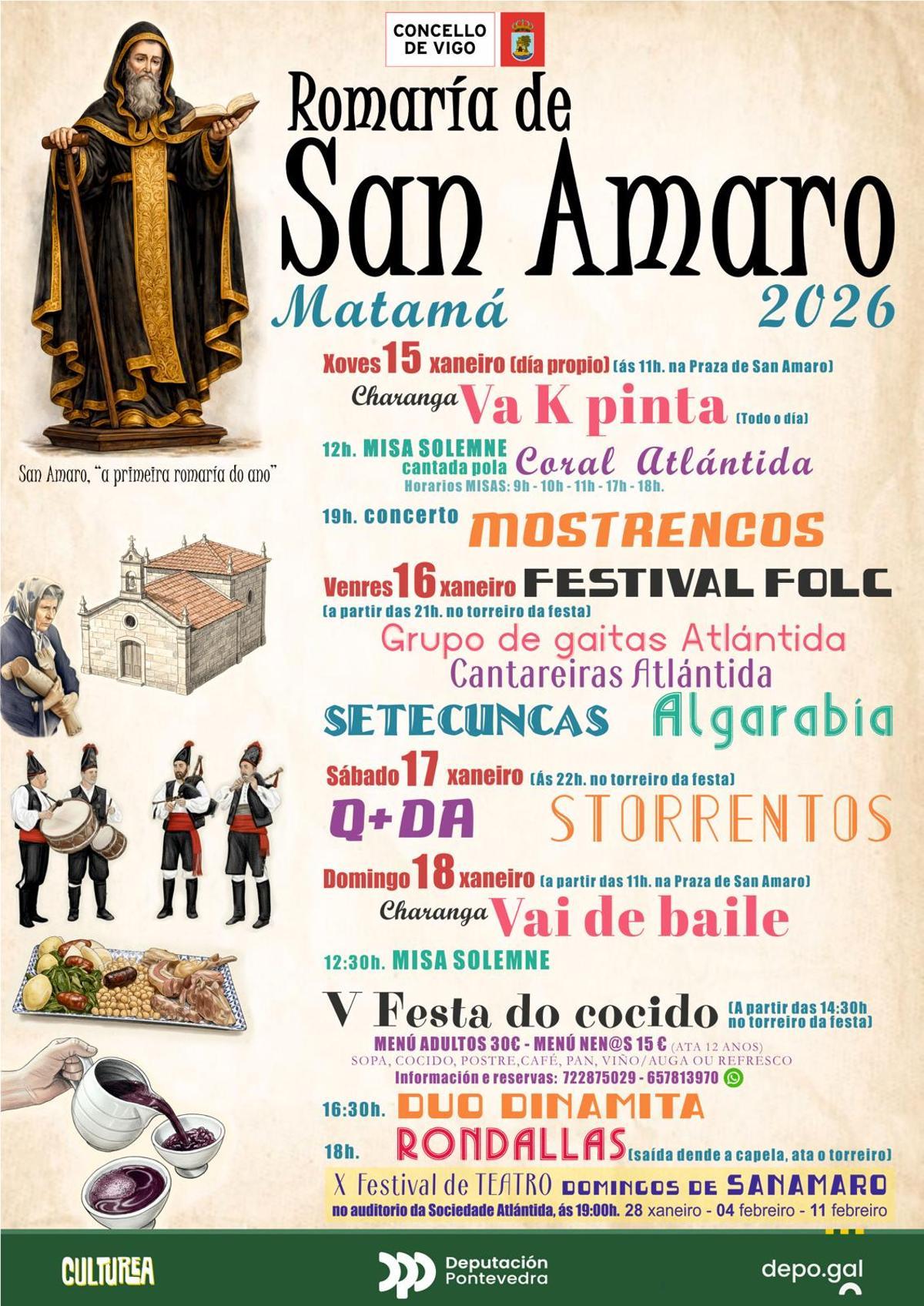 Programación de la romería de San Amaro, en Matamá, este 2026.