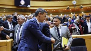 El presidente del Gobierno, Pedro Sánchez, saluda al portavoz de ERC, Gabriel Rufián, tras el pleno sobre los tres primeros decretos de la legislatura. /