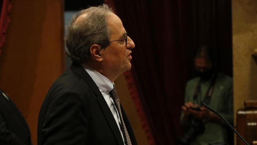 El president inhabilitat Quim Torra en un moment de la intervenció a Parlament