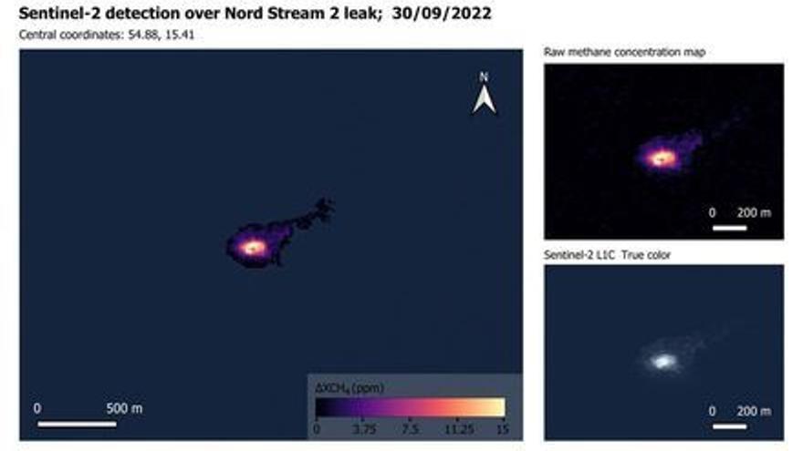 Las imágenes muestran la detección por el satélite Sentinel 2 de la fuga de metano desde el espacio el pasado 30 de Septiembre.