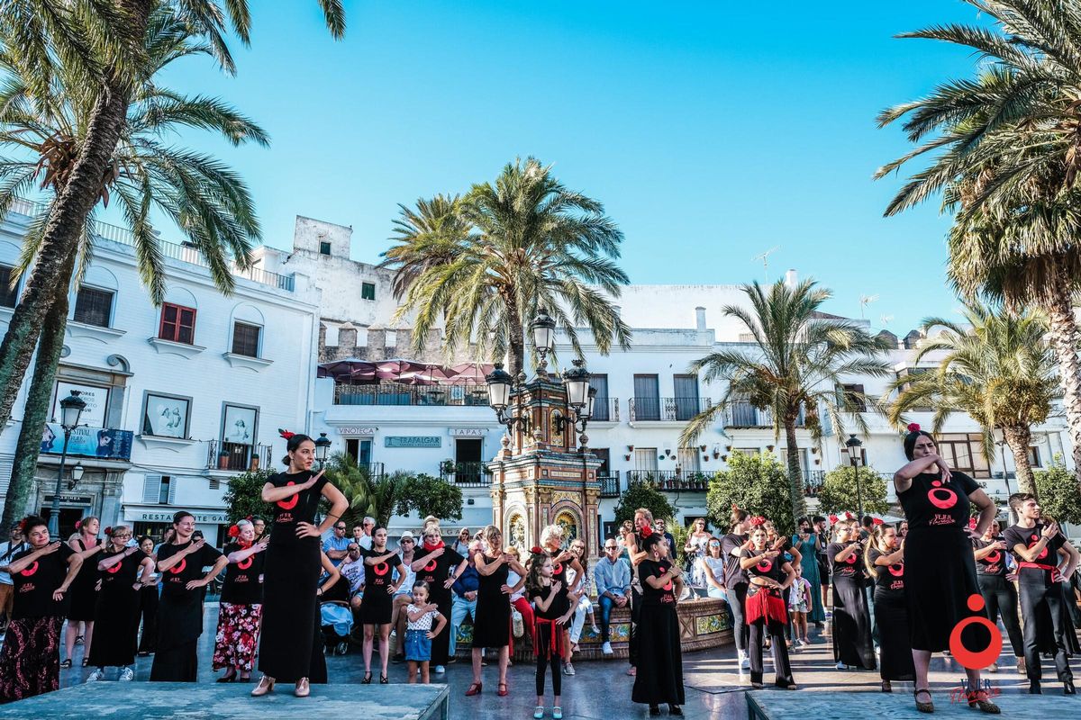 Un 'flashmob' flamenco celebrado en la Plaza de España de Vejer de la Frontera, dentro de la programación de Vejer Flamecno.