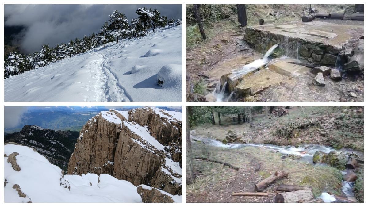 Fotos del Penyagolosa con nieve y de la Font de la Pegunta con un gran caudal de agua.