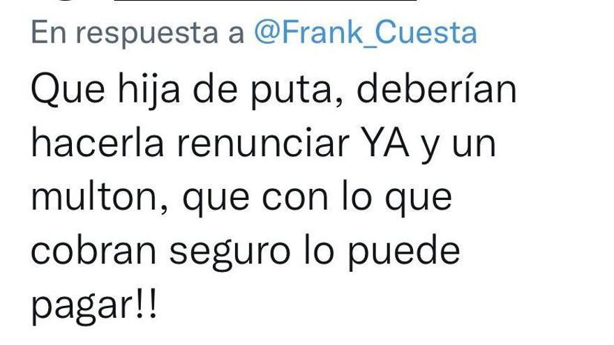 Publicación en Twitter de un seguidor de Frank Cuesta.