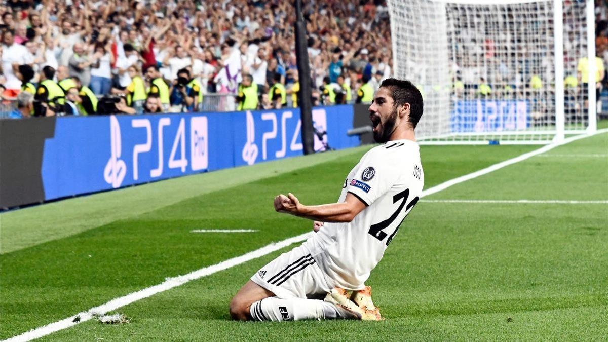 Isco celebra un gol ante el Roma en la Champions.