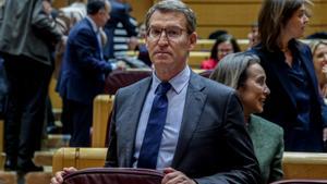 El líder del PP, Alberto Núñez Feijóo, llega a un pleno extraordinario del Congreso de los Diputados, en el Palacio del Senado, a 16 de enero de 2024, en Madrid (España).