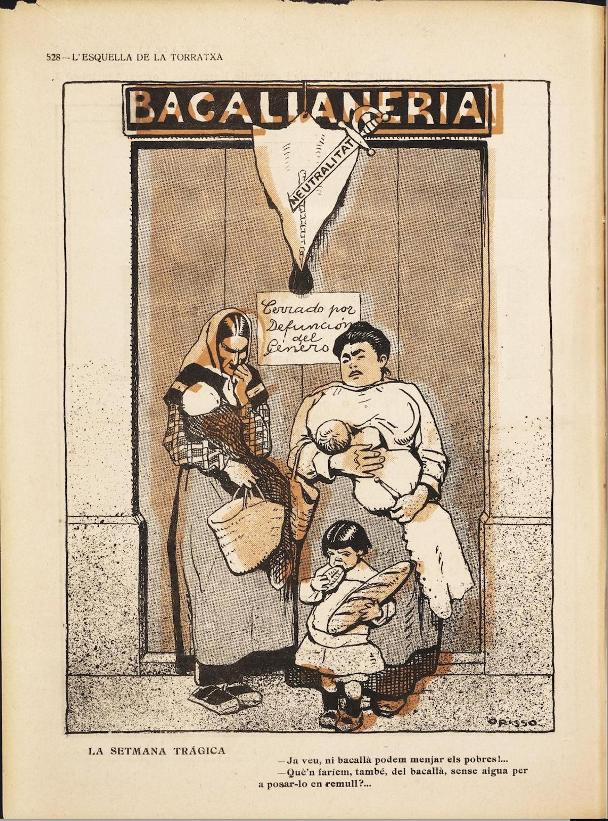 La escasez de productos básicos en 1916, retratada por 'L'esquella de la torratxa'.