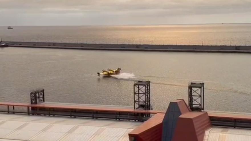 El hidroavión carga agua en el puerto de Santa Cruz de Tenerife