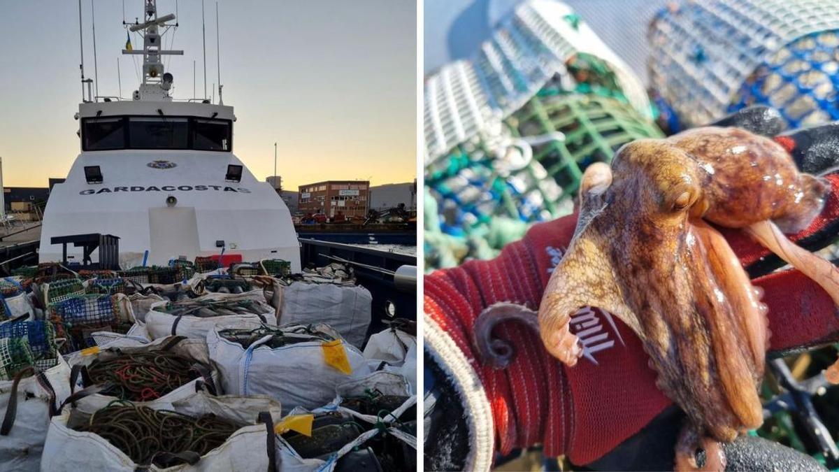 La patrullera con los cacharros y nasas incautadas y uno de los pulpos localizados