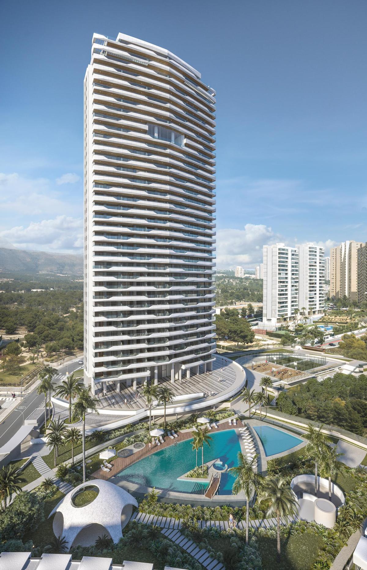 Una recreación de cómo será el rascacielos del grupo Alibuilding en Benidorm.