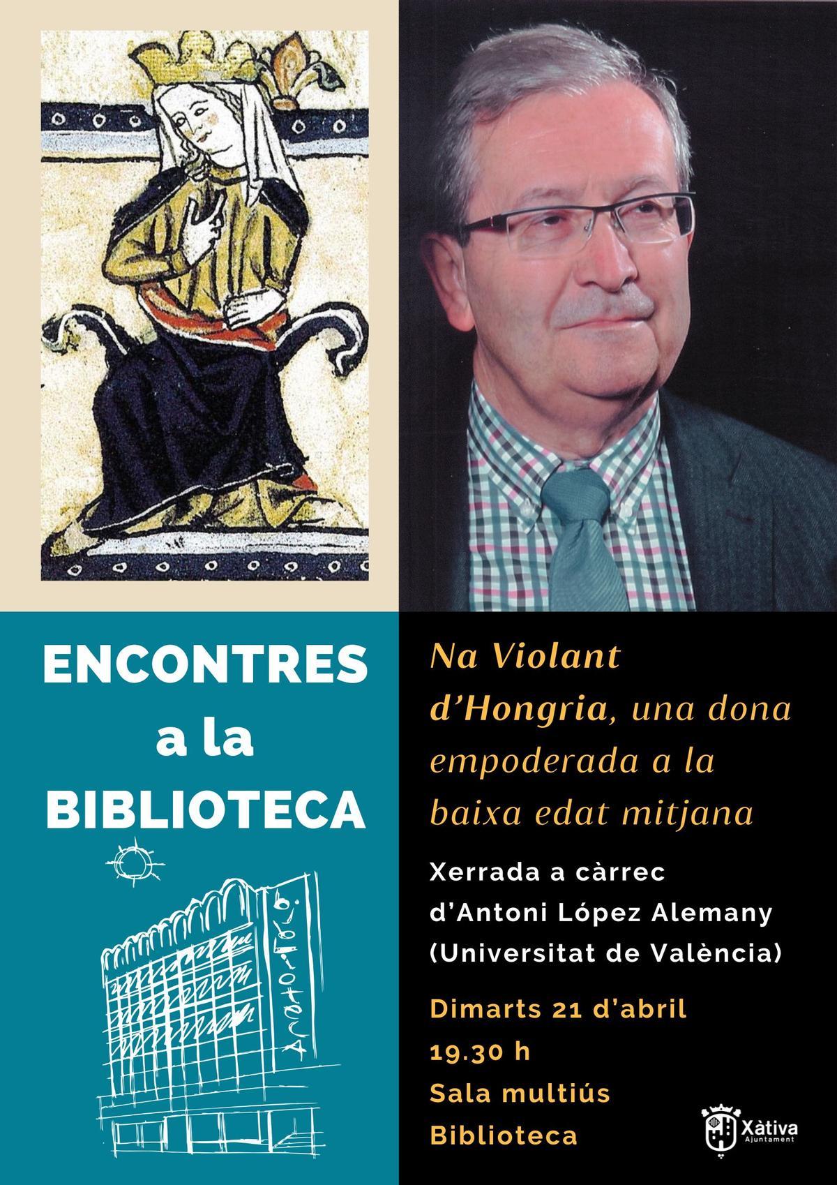 Cartel de la charla sobre Violant d'Hongria en Xàtiva.