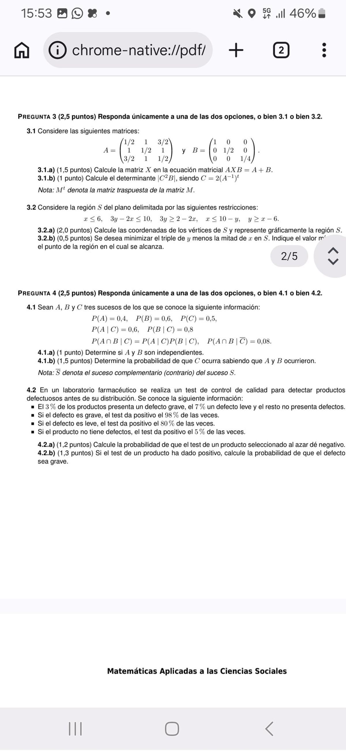 Examen de Matemáticas Aplicadas a las Ciencias Sociales en la PAU 2026 de Madrid