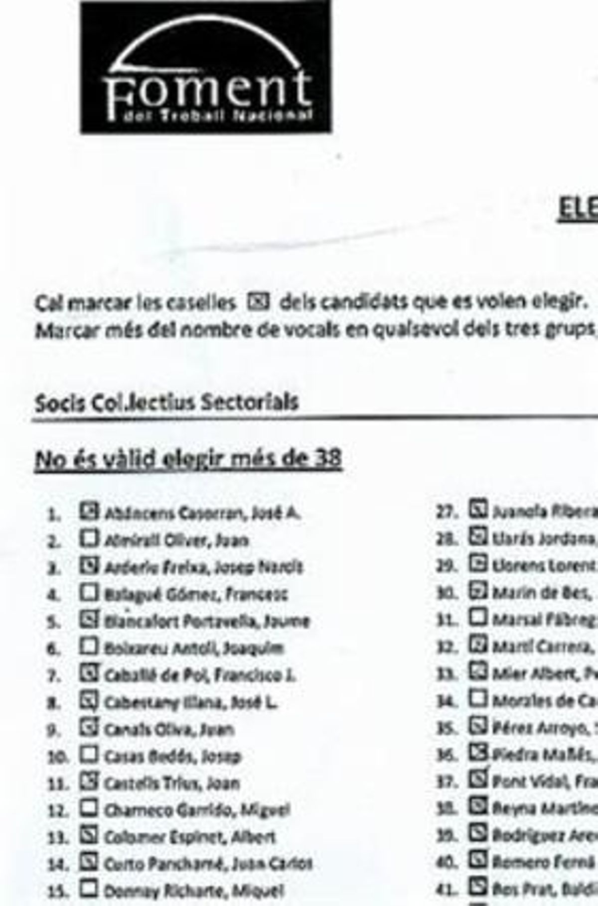 Part de la papereta per a la junta, amb els vots marcats. Part de la papereta per a la junta, amb els vots marcats.